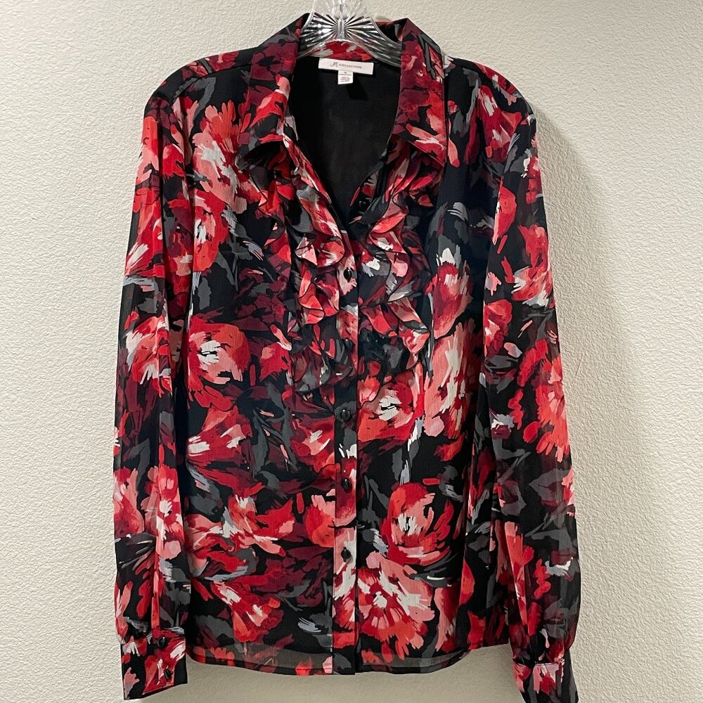 JM COLLECTIONS Savoir Faire Red/Black Floral Ruffle Front Blouse  Women 16 NWT